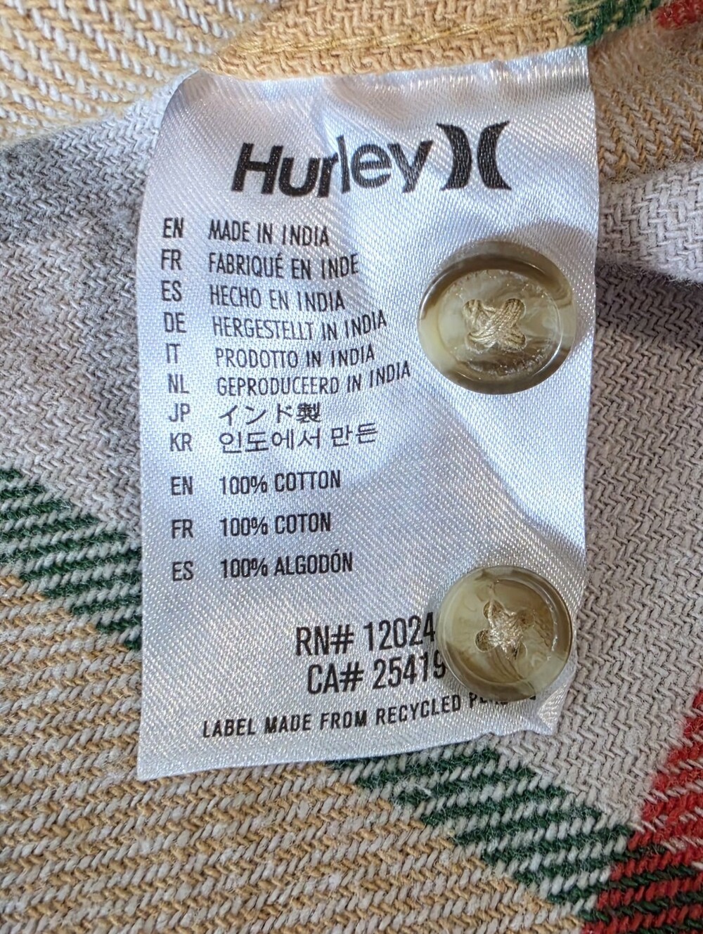Hurley Yellow Fall Plaid Button-Up Flannel Shirt Shachet w/Green Red Women Sz XL - Picture 5 of 8